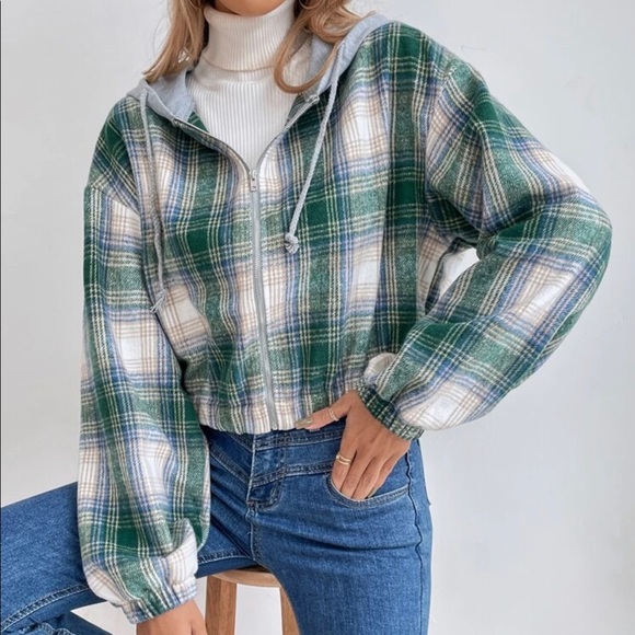 Shein Tartan Print Drop Shoulder Drawstring Hooded Crop Overcoat Size XL - Picture 7 of 9